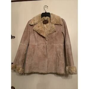 Guess Womens Genuine Leather Tan Beige Jacket Size M Faux Fur Lined Preown Stain